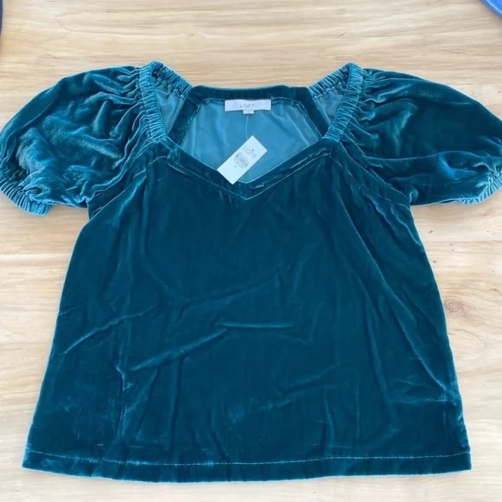LOFT Teal Velvet Puff-Sleeve V-Neck Top